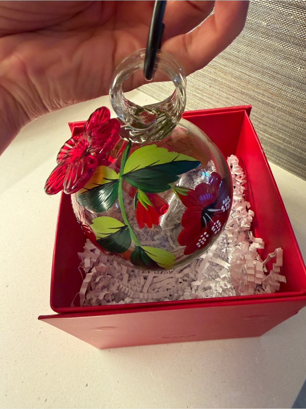 Brand new Hand Blown Glass Ornament/Hummingbird Feeder with Red Floral Accent - Picture 3 of 5